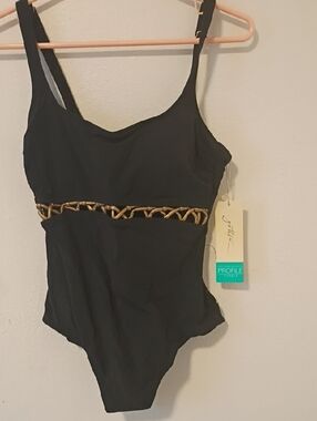 Black One-Piece Swimsuit with Gold Chain Detail